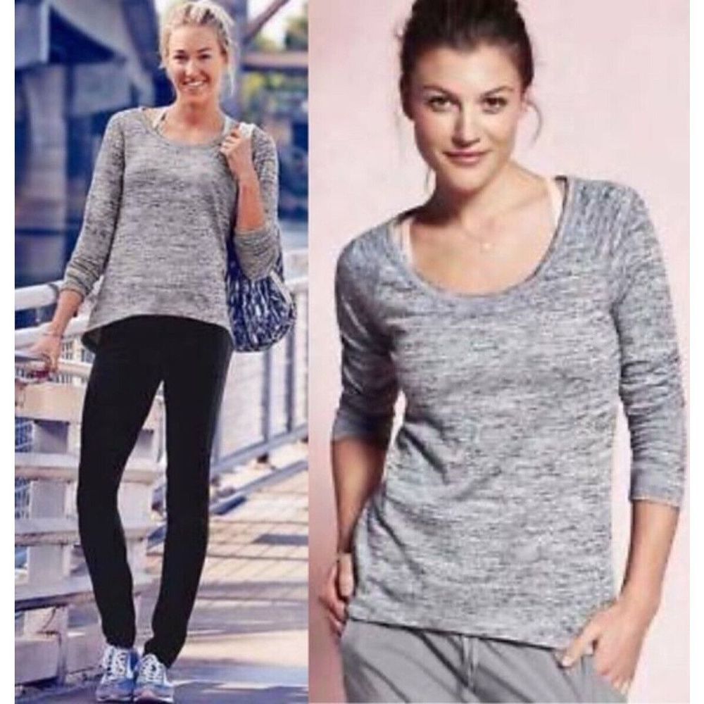 Athleta Women Sharkbite Size XXS Knit Top Heathered Gray Scoop Neck Long Sleeve*